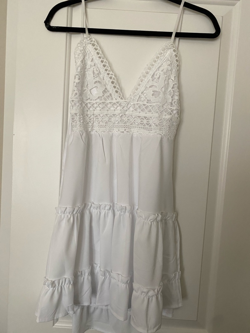 White Crochet-Trim Mini Dress with Spaghetti Straps